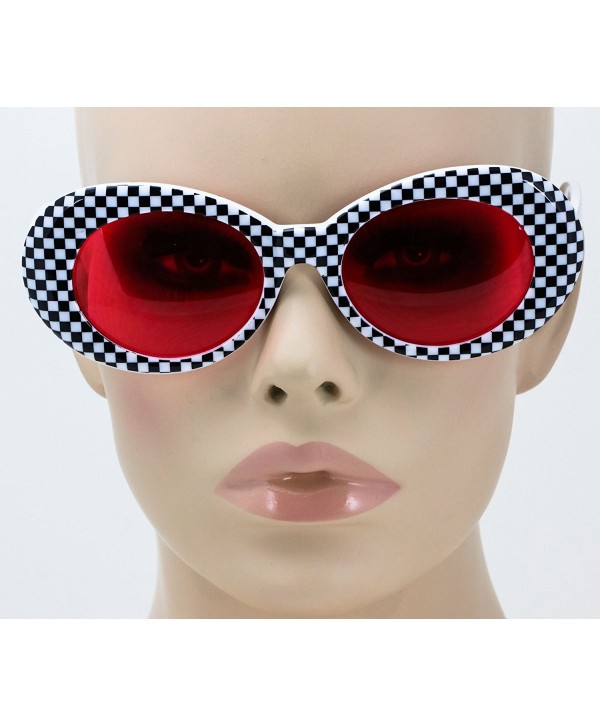 Bold Retro Oval Mod Thick Frame Sunglasses Clout Goggles With Round Lens Checkered Red Lens 