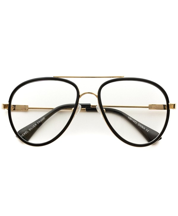 Large Vintage Inspired Aviator Clear Lens Glasses - Gold/Black Frame ...